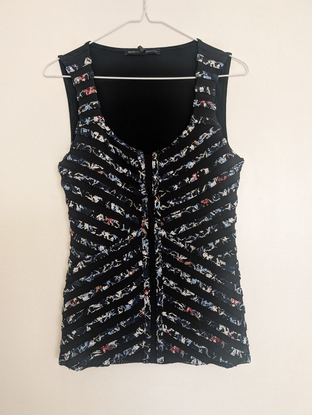 White House Black Market Chevron Ribbon Pleated Sleeveless Top Floral Mesh Small